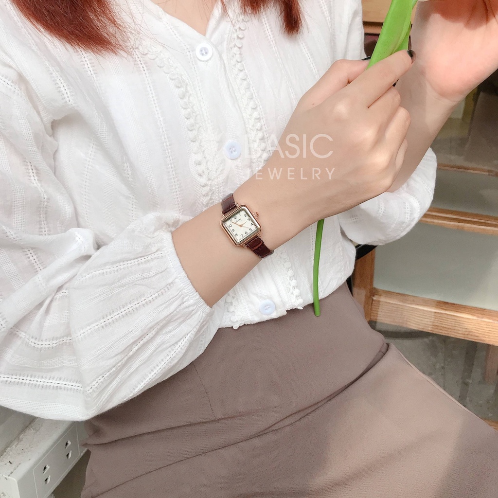 Đồng hồ nữ đeo tay Gogoey mặt vuông dây da thời trang vintage Basic Jewelry DH27