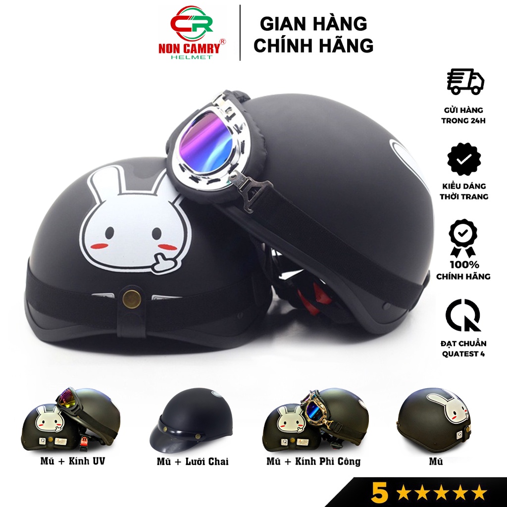 Mũ bảo hiểm phượt nửa đầu NON CAMRY thời trang, tem hình thỏ trắng đáng yêu, kèm kính UV, phi công
