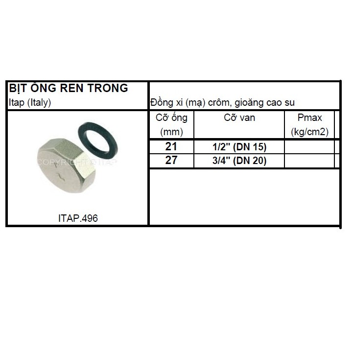 Nắp chụp ống (bịt ống) Italy ren trong art.496