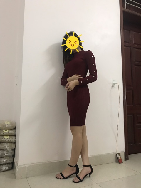 Đầm (váy) len tăm body phối cúc 2 bên tay