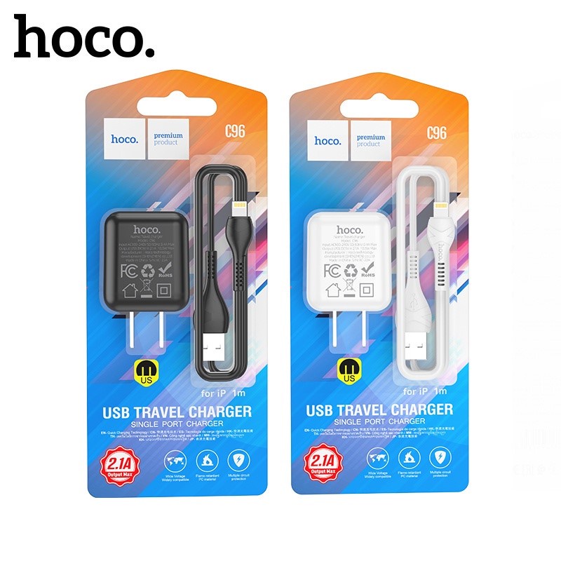 Bộ sạc Hoco C96 - 5V/2.1A kèm dây sạc IP, Micro, TypeC - Chính hãng