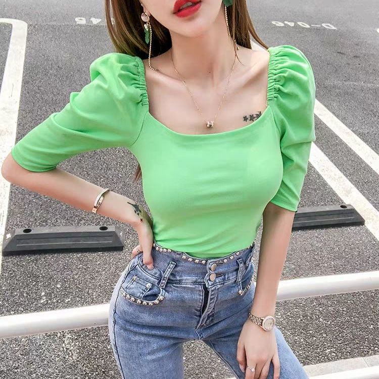 Áo Thun Tay Ngắn Phồng Cổ Vuông Lưng Cao Thời Trang Mùa Hè 2022 Cho Nữ