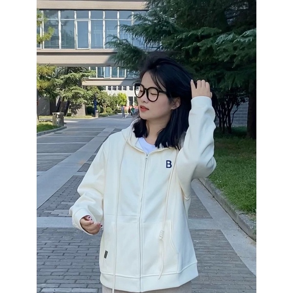 Áo khoác khoá zip có nón oversize thu đông 2023