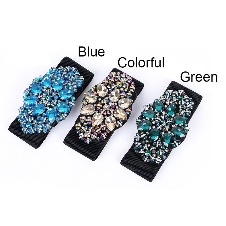 Thắt lưng bản rộng co giãn đính đá nhiều màu sang trọng cho nữ