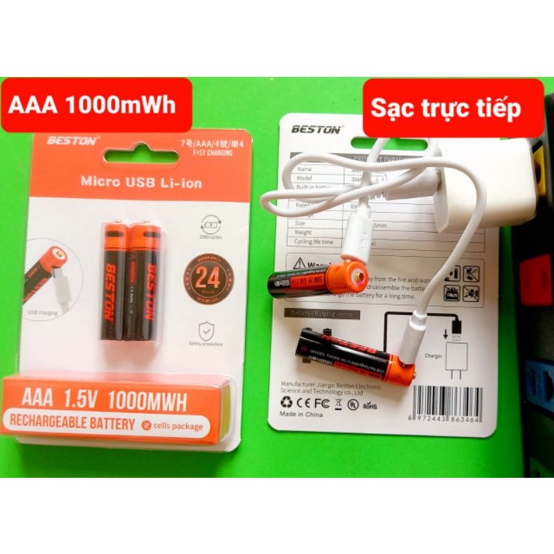 Vĩ 2 pin đũa sạc AAA 1000mWh Dung lượng cao Beston chuẩn 1.5V sạc trực tiếp cổng micro USB trên pin