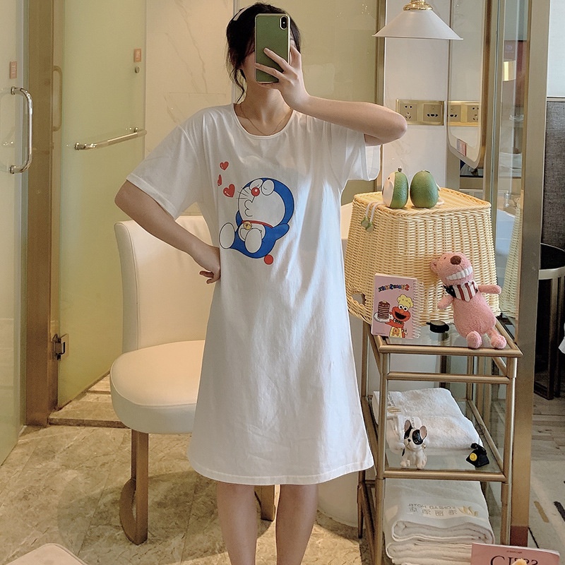 Đầm Suông Dài Tay Lỡ, Váy Suông Dáng Dài Nữ Cổ Tròn Chất Cotton In Hình Mèo Ú Doraemon Đáng Yêu Tinh Tế TTDS0242