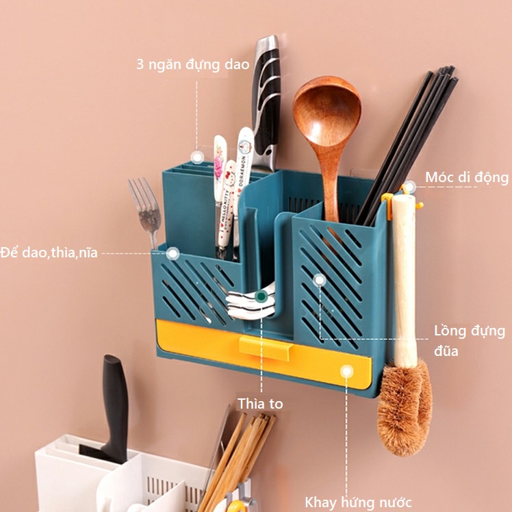 Ống đựng đũa thìa muỗng dán tường có khay hứng nước, Kệ để dao bằng nhựa cao cấp