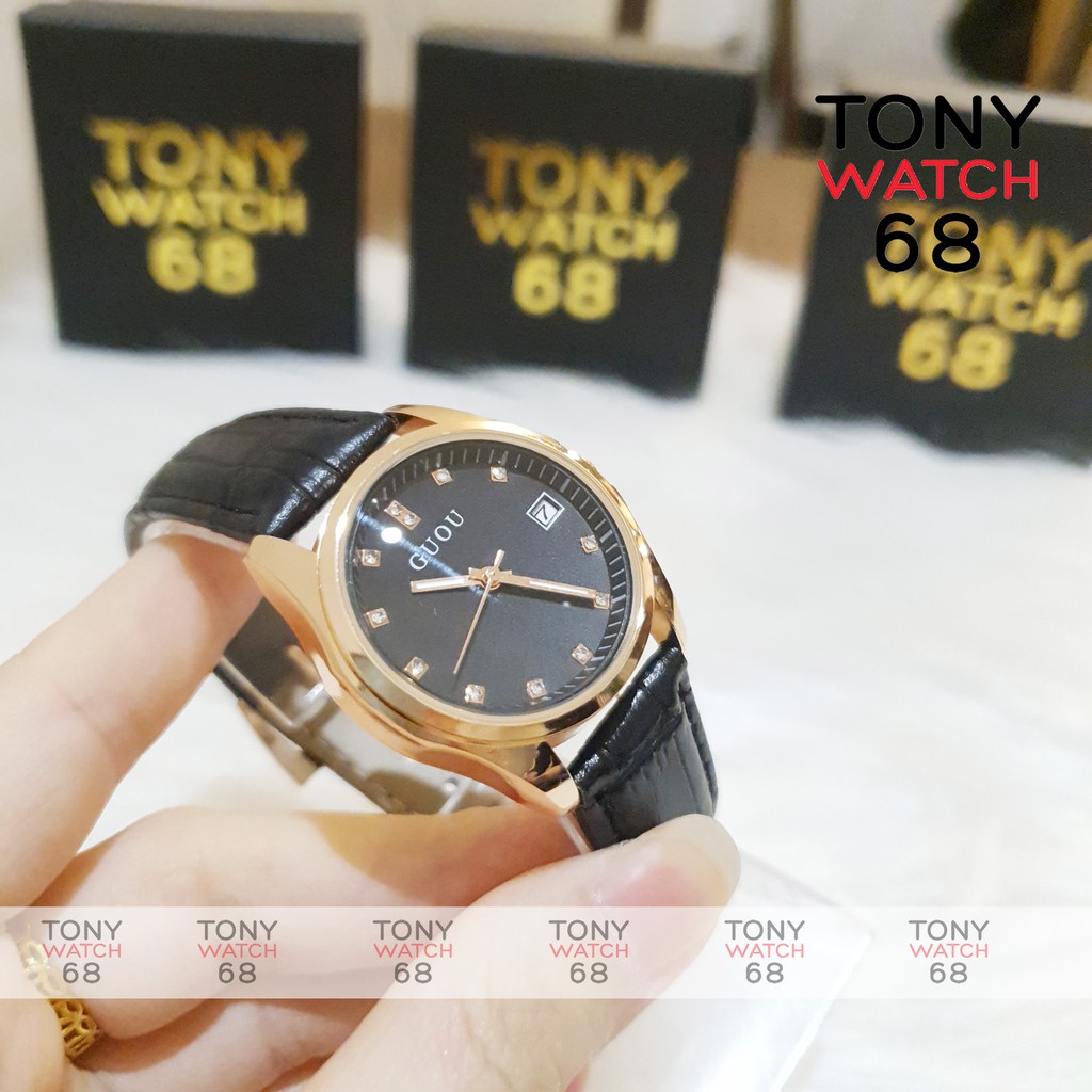 Đồng hồ Guou đẹp dây da đen mặt số ngọc viền mạ vàng chính hãng chống nước | BigBuy360 - bigbuy360.vn