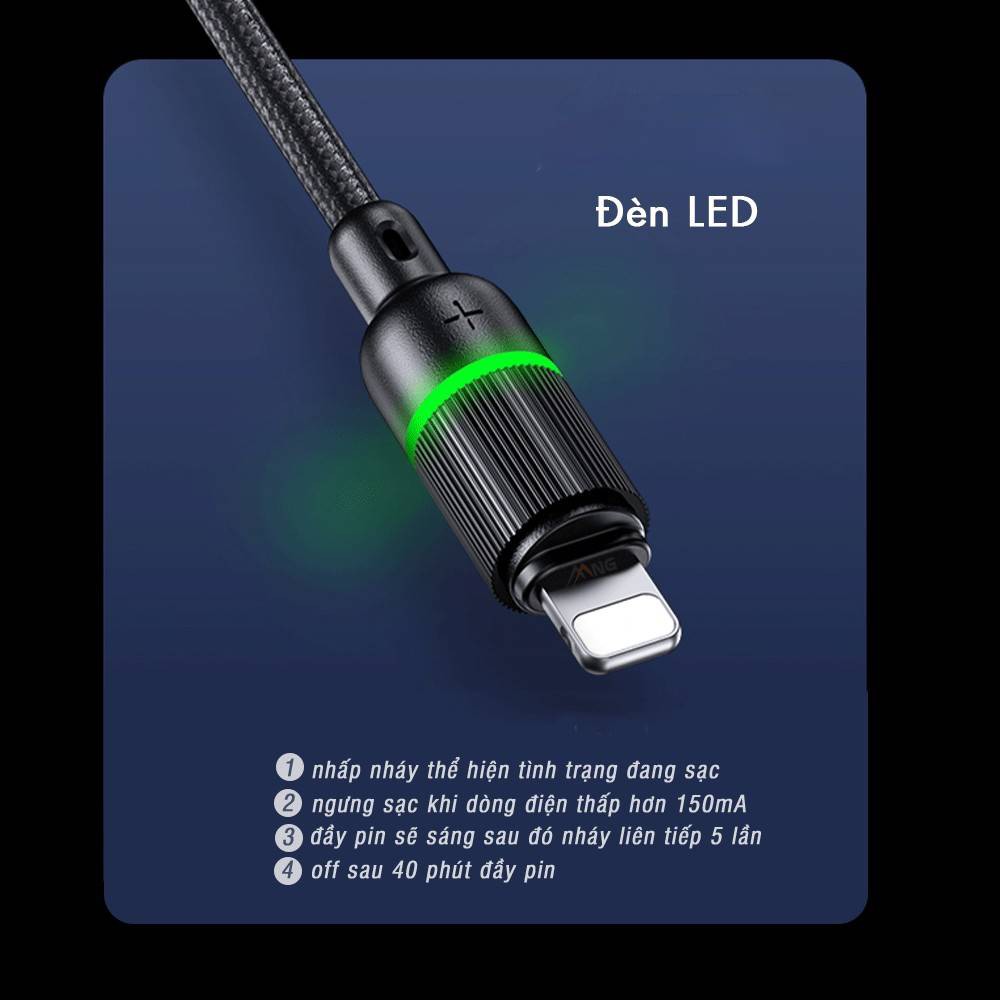 Dây cáp sạc nhanh 2.4A tự ngắt Lightning hiệu ROCK R10  cho iPhone / iPad smart LED và cơ chế tự ngắt - Chính hãng