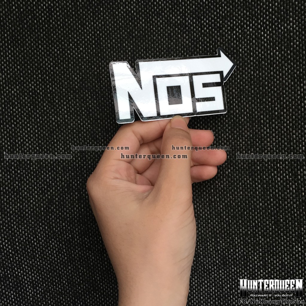 Logo NOS[9.1x4.1cm] trắng nền đen. Hình dán decal siêu dính, chống nước, tem đua trang trí