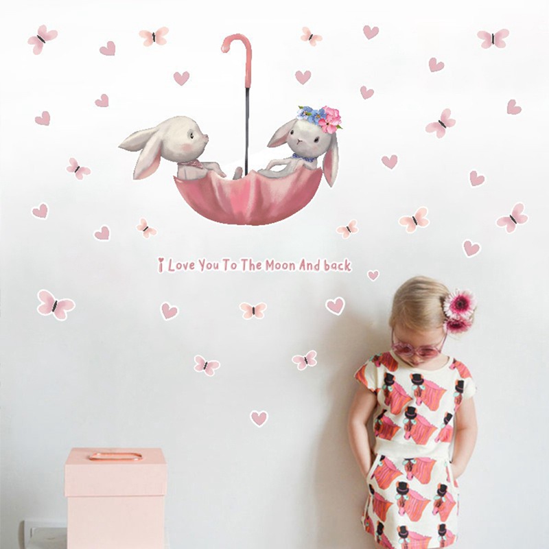 Sticker Dán Tường Họa Tiết Thỏ Cây Dù Hoạt Hình Dùng Trang Trí Phòng Cho Trẻ Nhỏ