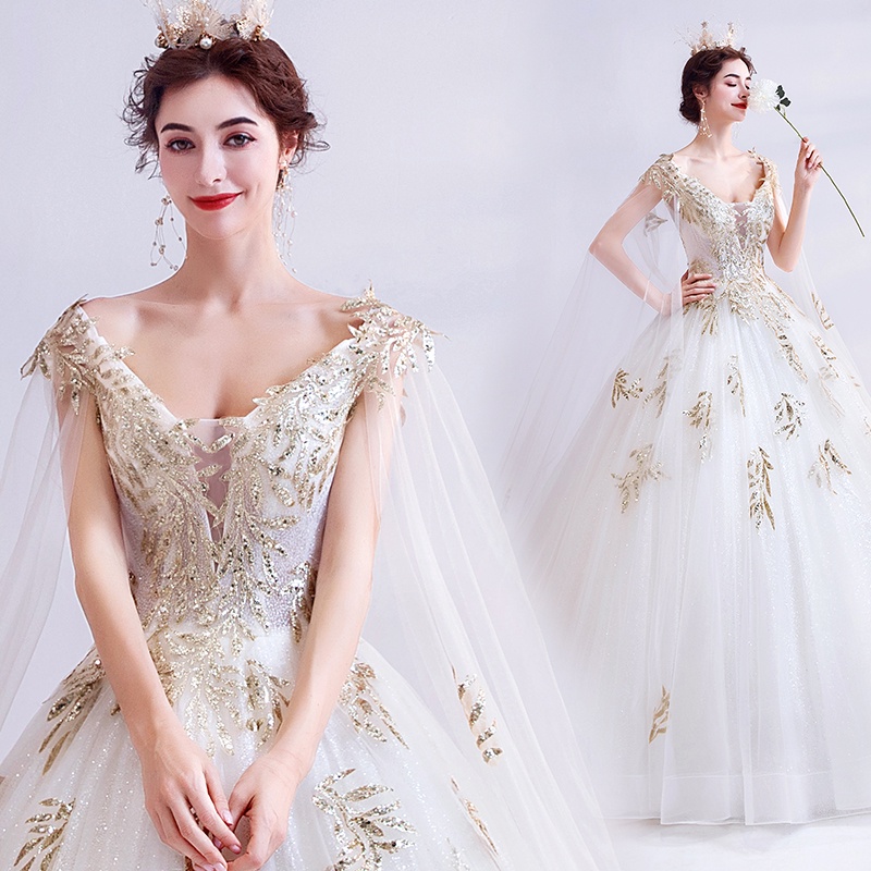 ♦﹍Váy cưới thiên thần mạ vàng ánh sao Pháp ren mạng che mặt tay áo công chúa cô dâu bầu trời đầy sao váy cưới đuôi 2888