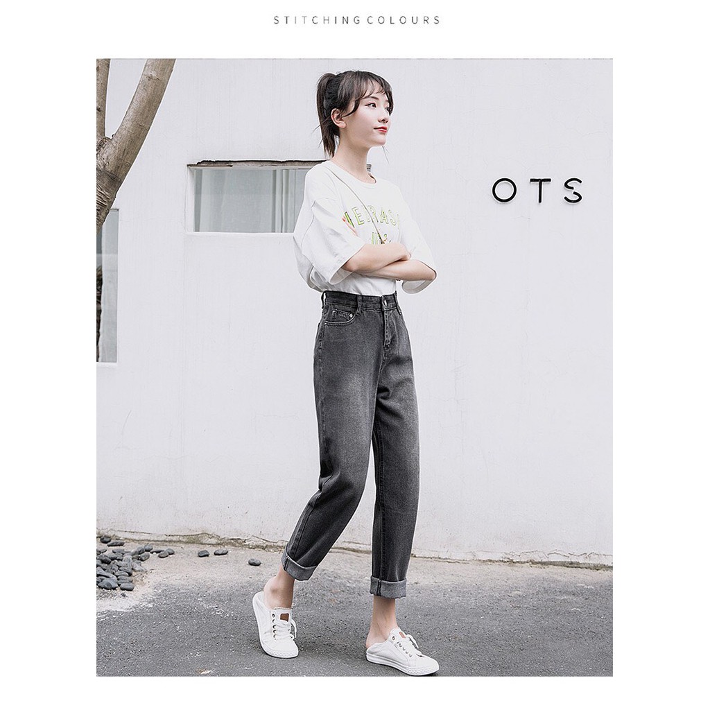 Quần Jean Baggy Nữ Chất Cotton Xám Đen Basic BC204