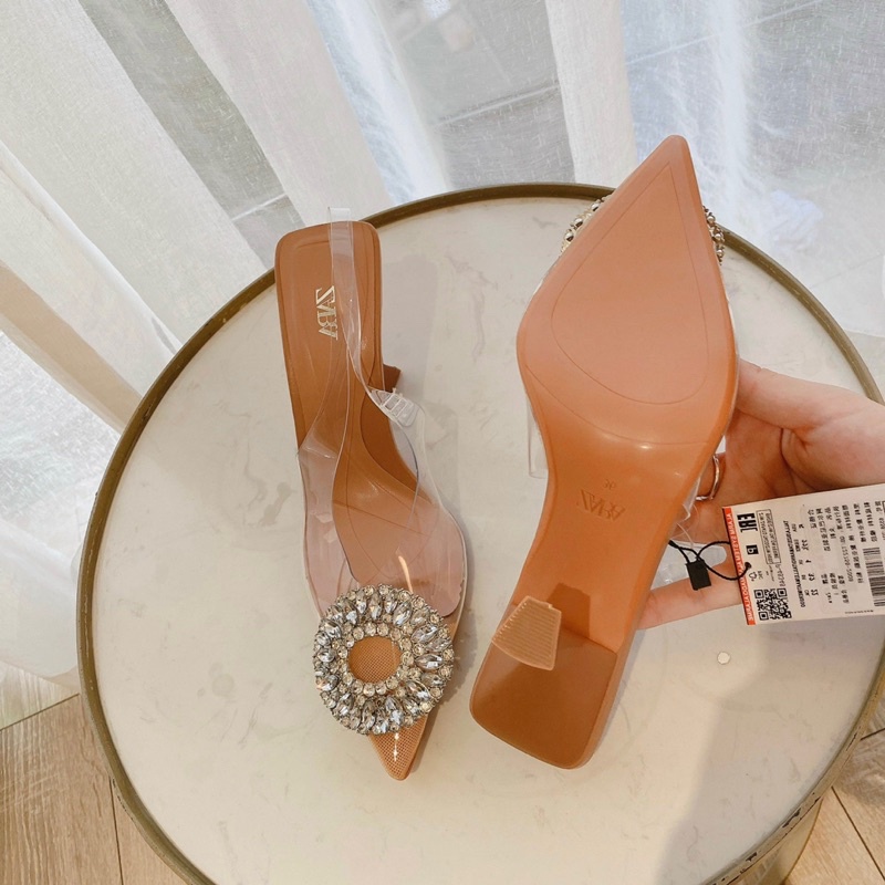 Giày cao gót ZR mica nơ đá tròn xuất xịn fullbox Hemin Shoes