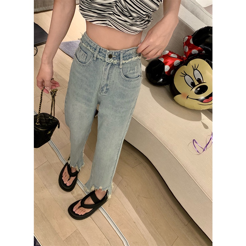 Quần jeans ZHELIHANGFEI lưng cao ống rộng thời trang cá tính cho nữ