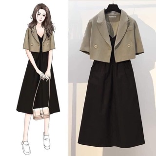 Sét áo croptop cổ vest + đầm 2 dây