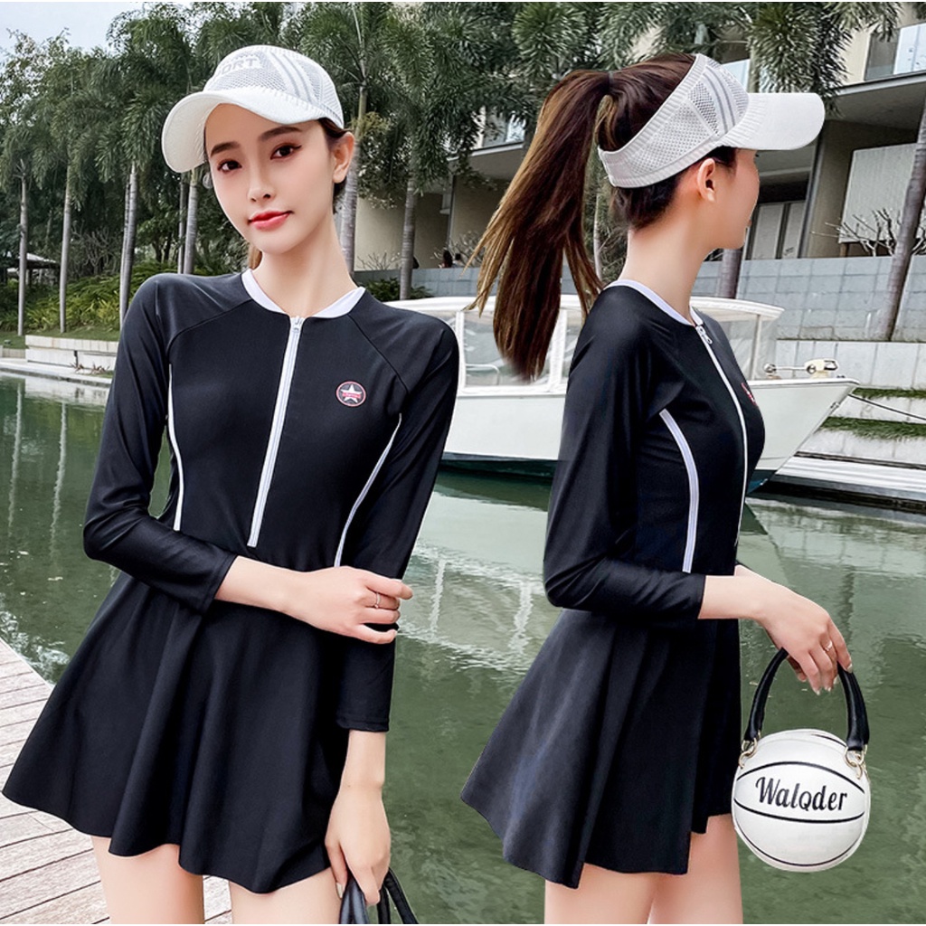Bộ đồ bơi bikini nữ hai mảnh tay dài che nắng đi tắm biển áo croptop kèm váy liền quần tôn dáng hot trend