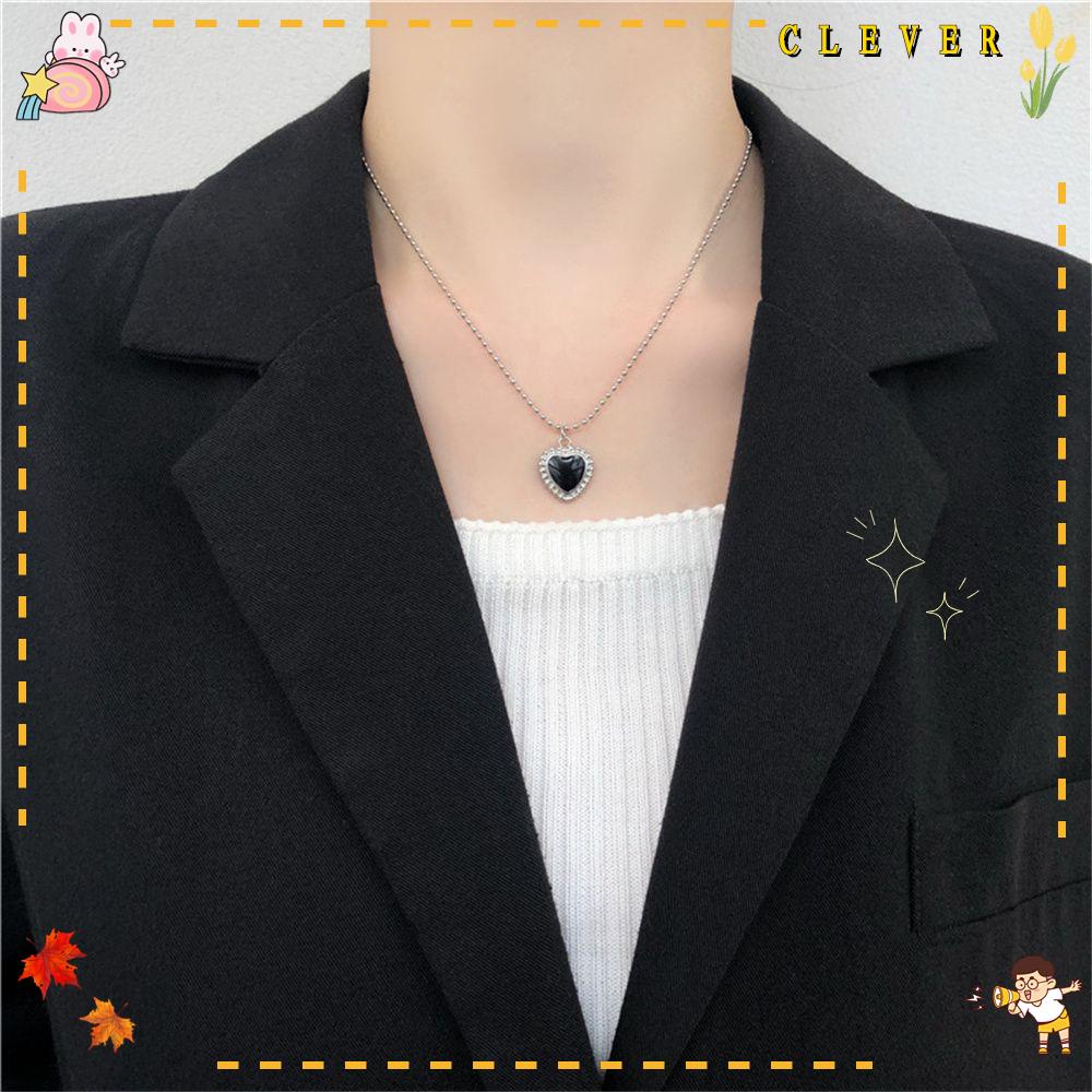 Clever Necklace Chain Clavicle Decorative Heart Pendant Crystal Black Color Korean Style For Women