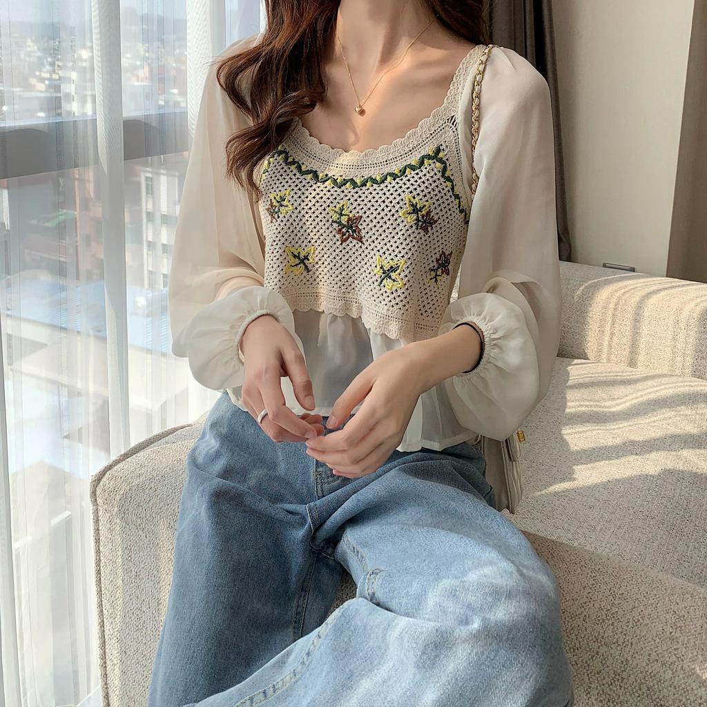 Áo chiffon SUXI tay dài phối màu thời trang cao cấp cho nữ