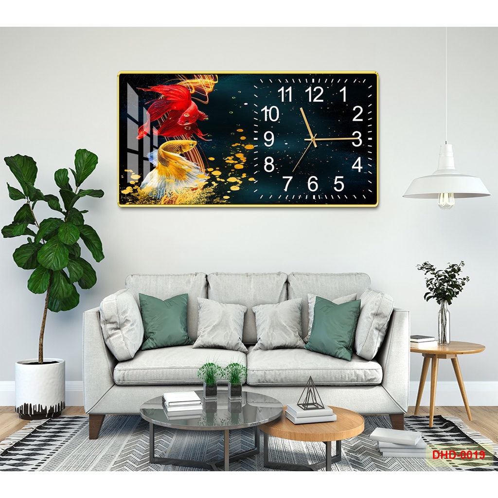 Tranh Đồng Hồ Ngang Treo Tường Cao Cấp Mặt Pha Lê Gương Cốt Gỗ Giá Tận Xưởng Tặng Kèm Pin MS DHD0019