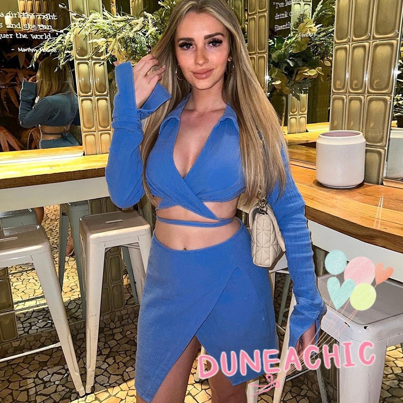 DUNEA Set Áo Thun Lửng Tay Dài 2 Dây + Chân Váy Xẻ Tà Quyến Rũ Trẻ Trung Cho Bạn Gái