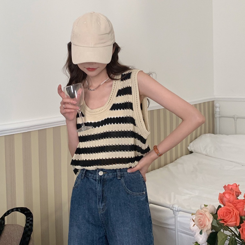Áo Len Không Tay Dáng Rộng Họa Tiết Kẻ Sọc Thời Trang Mùa Hè Cho Nữ