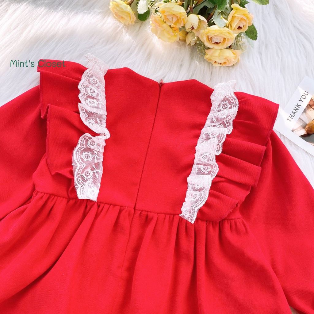 Váy dài tay bé gái nhung đỏ dễ thương MINTSCLOSET Mint's Closet tay phồng cổ tròn 3 4 tuổi - GV0019