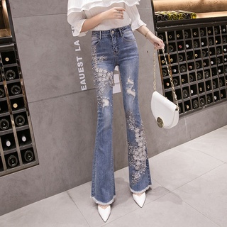 Quần Jeans Skinny Lưng Cao Ống Loe Đính Hạt Thêu Họa Tiết Thời Trang Dành Cho Nữ #3