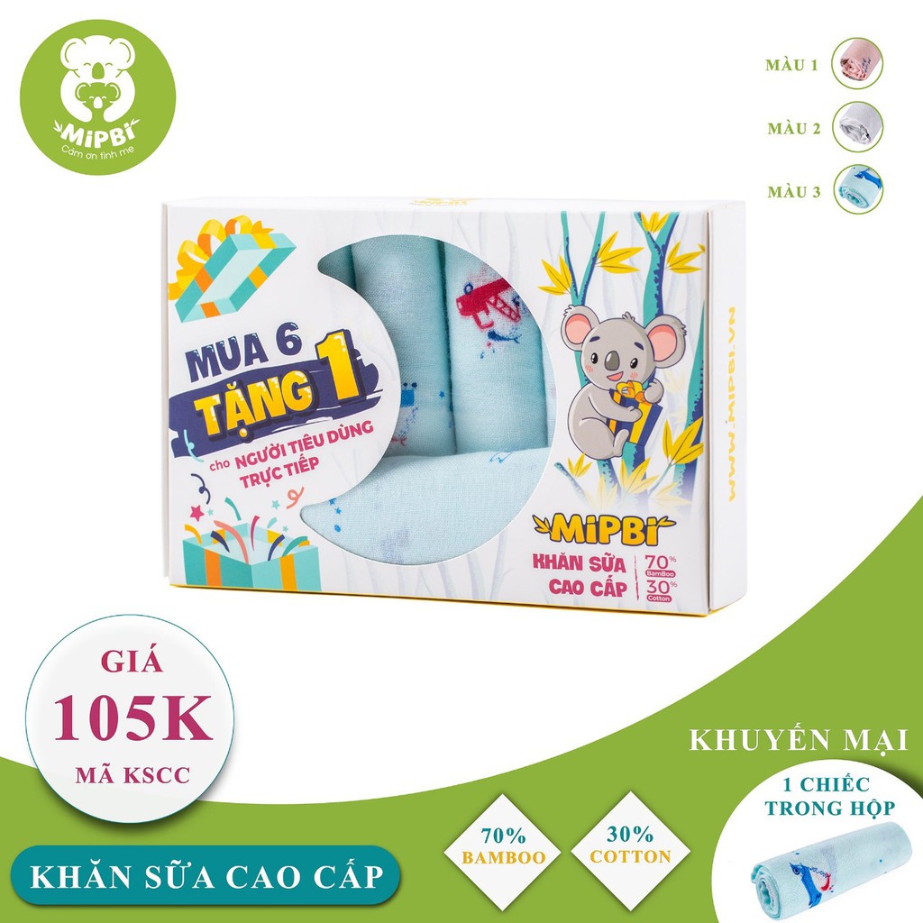 Hộp 6 Khăn Sữa Mipbi In Hình 70% Sợi Tre, 30% Cotton (Tặng 1 Chiếc)