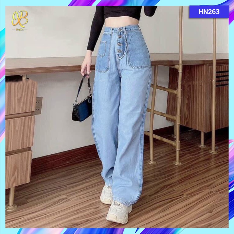 Quần dài chất bò demin nữ phối màu dáng suông thụng ống rộng 4 cúc - HN263 - Bingxin