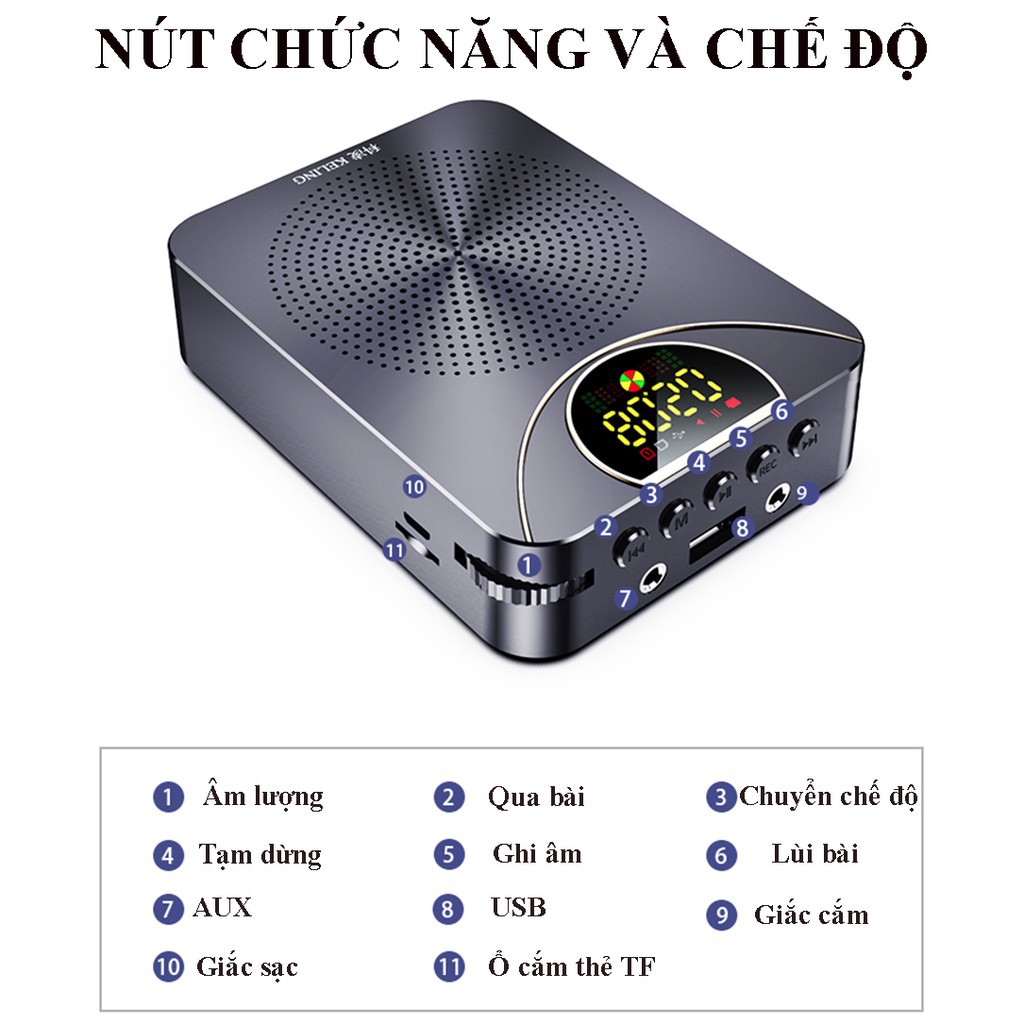 [FREESHIP] Máy Trợ Giảng, Loa Trợ Giảng Không Dây UHF Chính Hãng Keling K2, Bluetooth 5.0, Màn Hình LED, Full Box