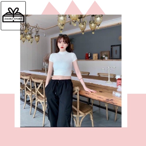 Áo croptop trà xanh Daski , áo trơn cổ cao 2 màu đen trắng phong cách ulzzang