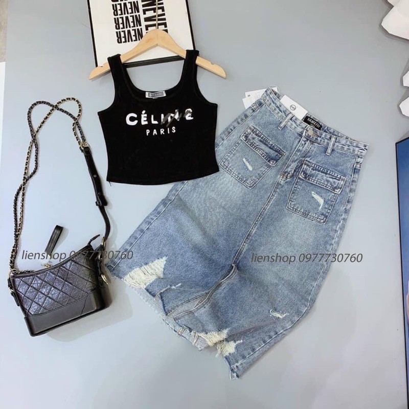 Chân váy bò rách túi hộp dáng dài cá tính