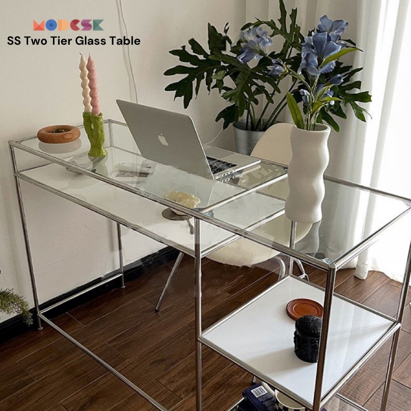 Bàn Studio làm lviệc Modesk SS Two Tier Glass Table khung inox 304, ván MFC An Cường, kính cường lực