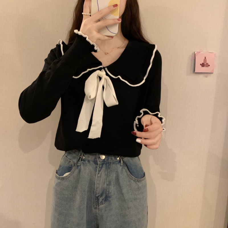 Áo Dệt Kim Nữ Tay Dài Cổ Búp Bê Đính Nơ Phong Cách Hàn Quốc