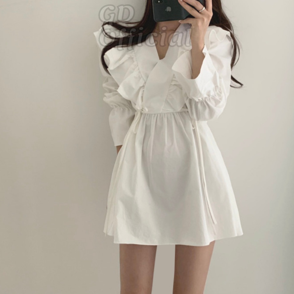 D8|Đầm nữ ngắn thanh lịch, kiểu dáng retro, đơn giản cho nữ chất cotton mềm mại tay phồng nâu, trắng, đen GD Official