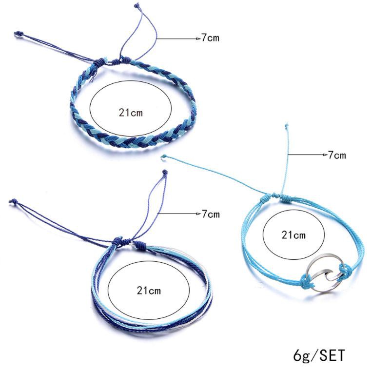 Set 3 chiếc vòng tay tình bạn sợi phủ sáp bện thủ công nhiều lớp phối mặt sóng biển