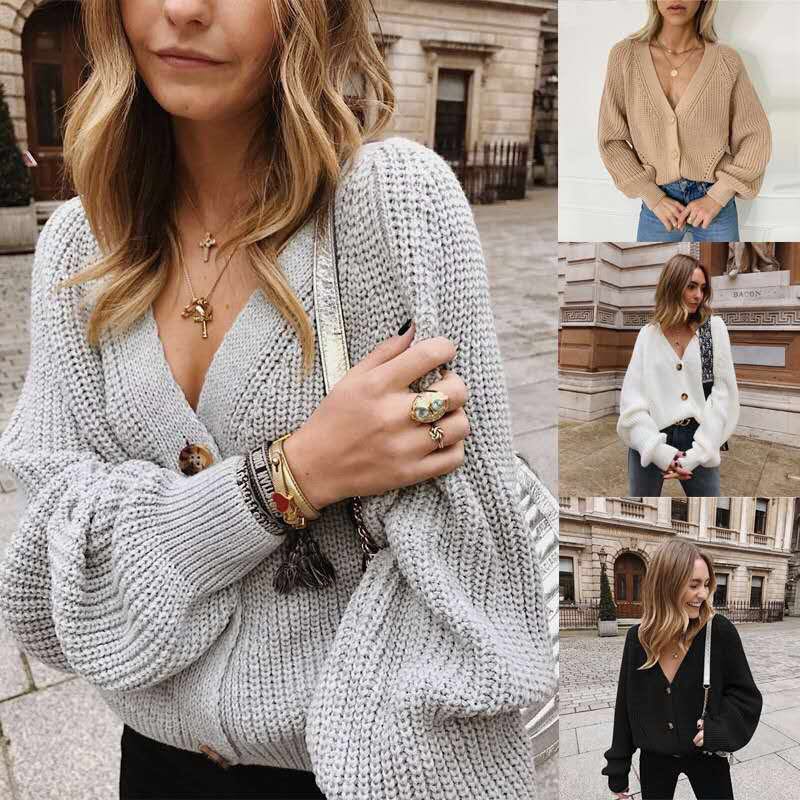 NEW Áo Khoác Cardigan Dệt Kim Màu Trơn Cổ Chữ V Phối Nút Thời Trang Mùa Thu 2020