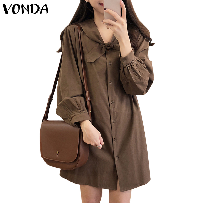 VONDA Đầm Tay Dài Cổ Búp Bê Phối Nút Kiểu Hàn Quốc Xinh Xắn Cho Nữ