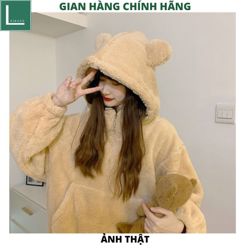 Bộ đồ mặc nhà lông gấu trơn 2 mầu nâu be ,bộ ngủ ấm áp vào mùa đông siêu cute dễ thương - LAMASS