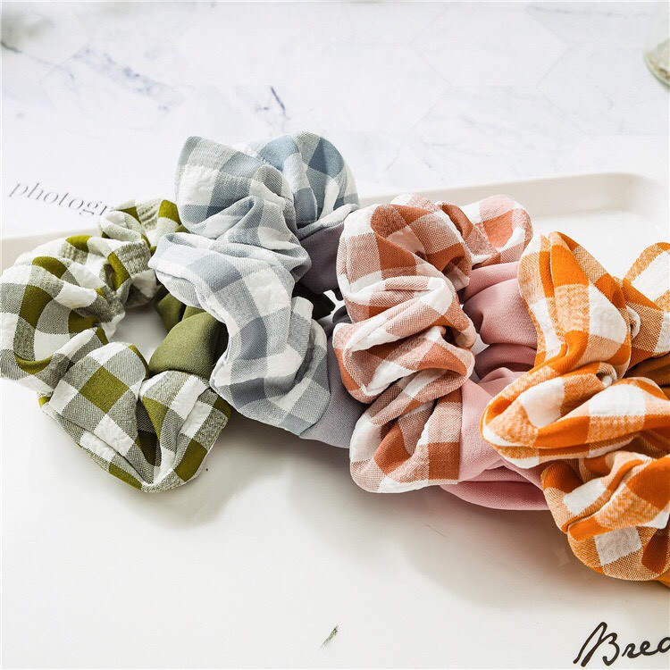 Dây cột tóc scrunchies vải phối màu caro - Mã SC006