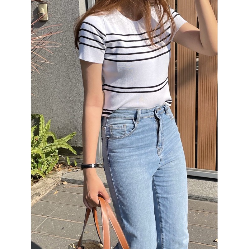 LEN clothing áo dệt kim tay ngắn sọc 2 màu 7983