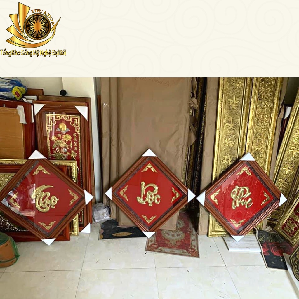 Bộ Tranh Đồng Phúc Lộc Thọ Treo Tường Kích Thước 41x41cm Khung Composite Đồ Đồng Đại Bái