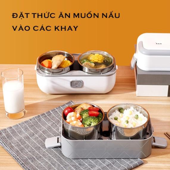 Hộp cơm cắm điện văn phòng, hộp đựng cơm văn phòng 2 tầng 4 bát inox có chức năng giữ nhiệt, hâm nóng và tự nấu chín