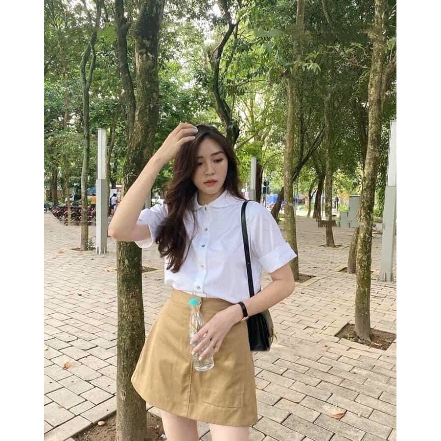 Set Sơ Mi Chân Váy Túi Hộp PEONYB Nữ [FREESHIP] Bộ đồ áo kiểu kèm short zip kaki, dáng ngắn bánh bèo tiểu thư Ulzzang
