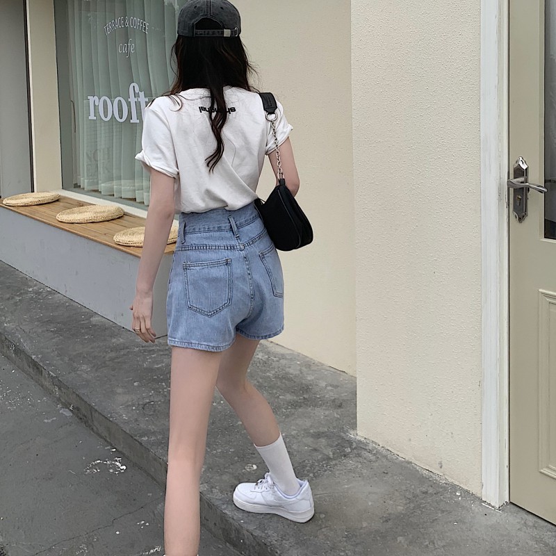 Xiaozhainv Quần Short Jeans Lưng Cao Ống Rộng Thời Trang Cho Nữ