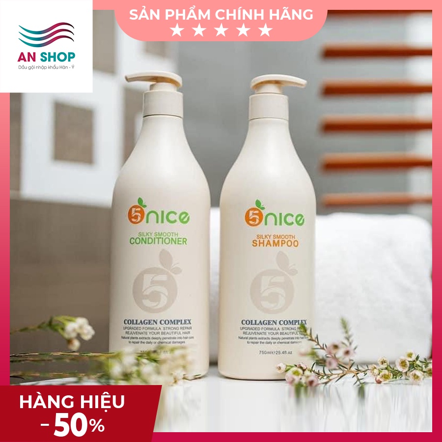 Dầu gội xả cặp phục hồi tóc hư tổn gãy rụng keratin collagen 5nice 750ml combo dưỡng tóc mượt uốn nhuộm duỗi khô xơ