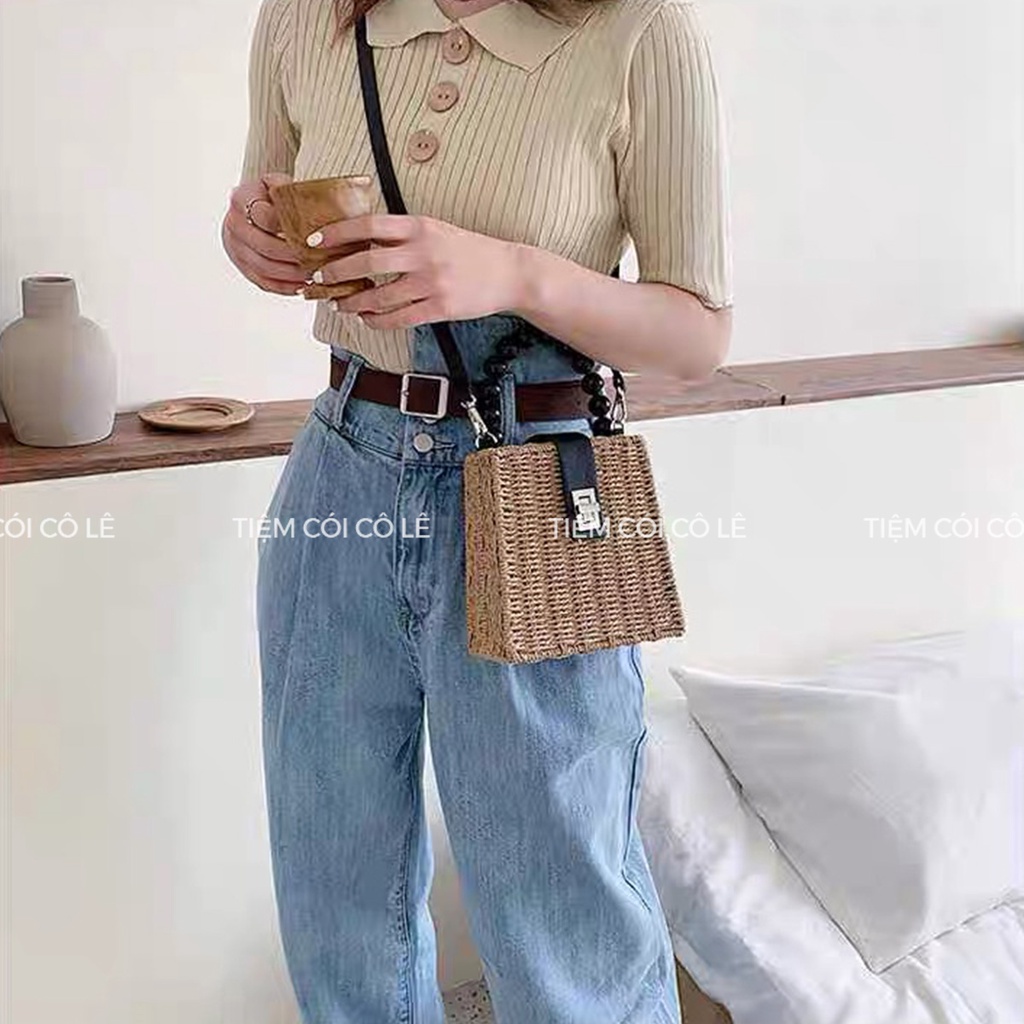 Túi hộp hình vuông, túi vali quai hạt trai đen có nắp cài kiểu dáng vintage - Tiệm Cói Cô Lê