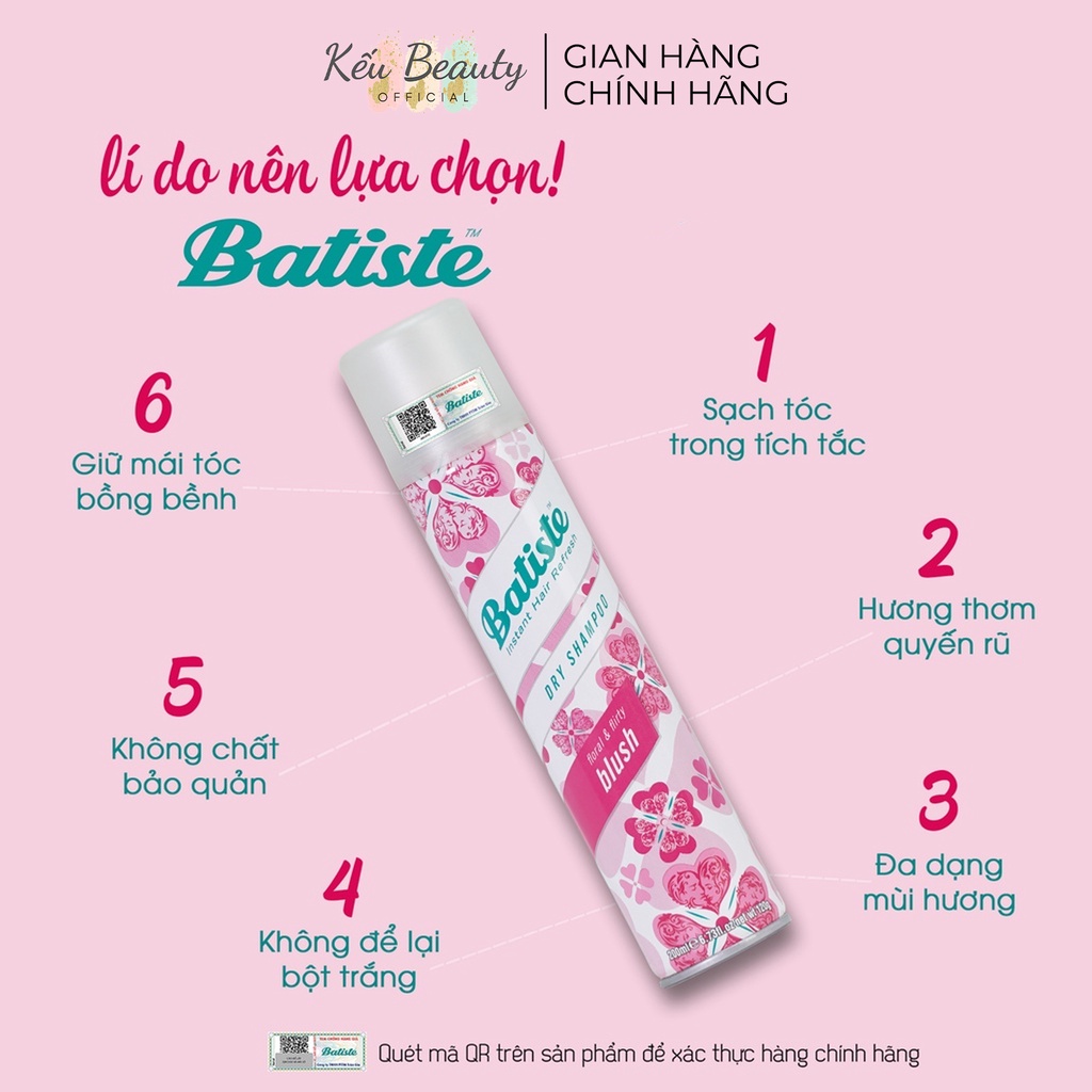 Dầu gội khô Batiste Dry Shampoo cho tóc bồng bềnh tức thì giảm bết dính 200ml