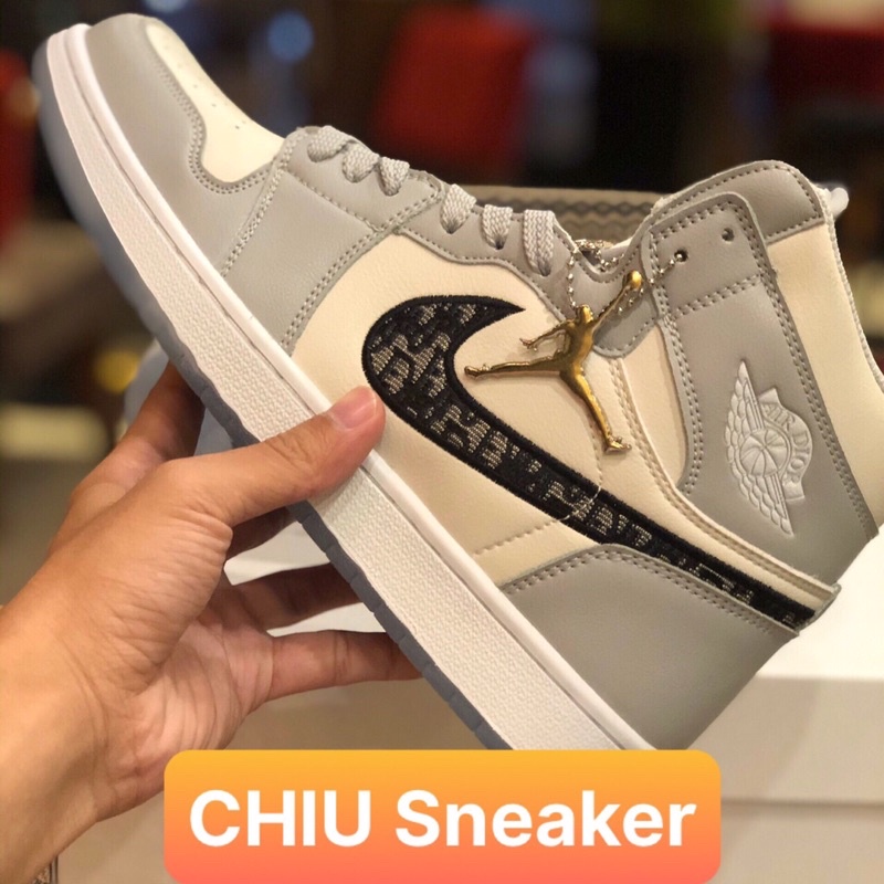 Giày thể thao Sneaker Jordan 1 cổ cao xám da bò thật - Jordan high đỏ đen da bò
